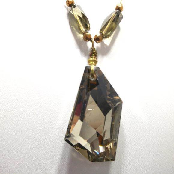 Vintage Smoky Topaz Glass Pendant Necklace Gold Tone Faceted Beads 20 Inch - Picture 2 of 8